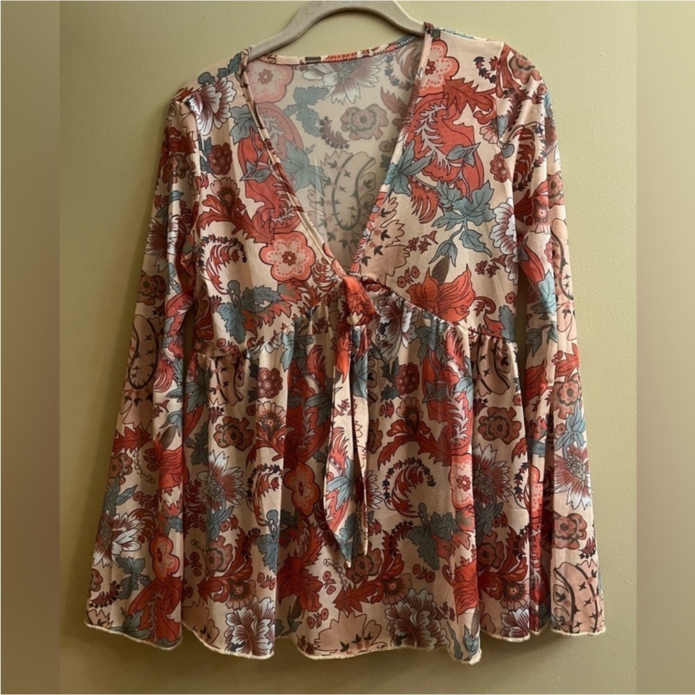 Red and Pink Floral Long Sleeve Blouse with Tie Front